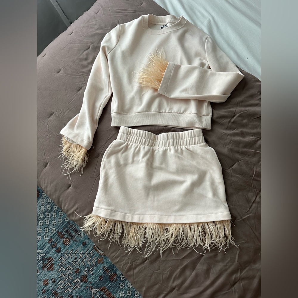 Elegant Cream Mini Skirt with Feather Trim